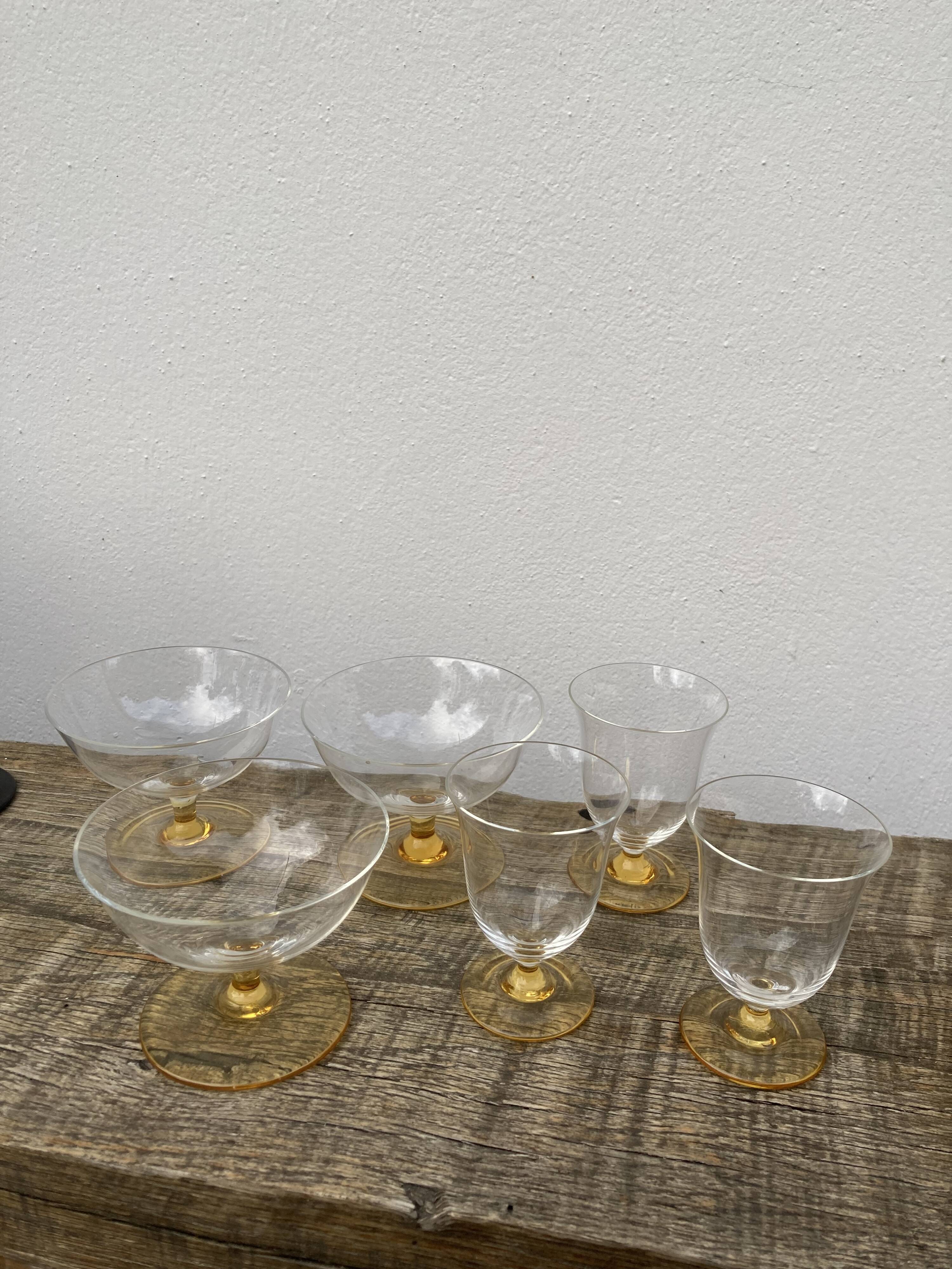 6 antique yellow crystal stemmed glasses and cups