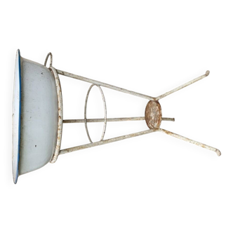 Set of 2 off-white enamelled metal washing machines/planters, blue rim, vintage industrial style.