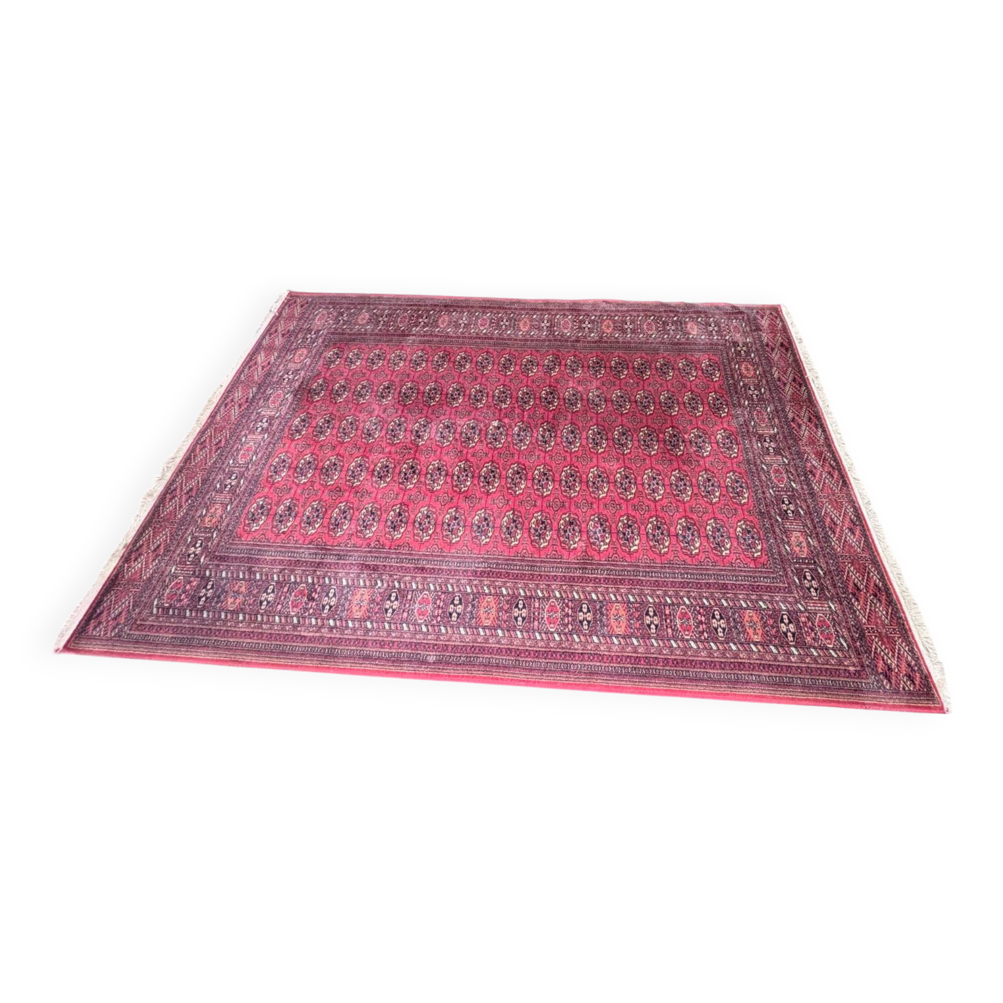 Large red Bokhara-style oriental carpet 300x200 cm with gul patterns.