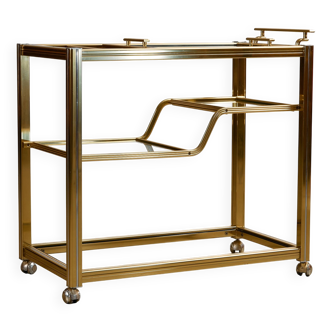 Chariot de bar en or et chrome avec étagères en verre, années 1970