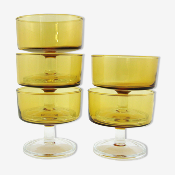 5 coupes à champagne en verre trempé - couleur jaune ambré - cavalier luminarc france - vintage anné