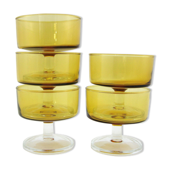 5 glasses of tempered glass champagne - amber yellow color - Cavalier Luminarc France - vintage year old