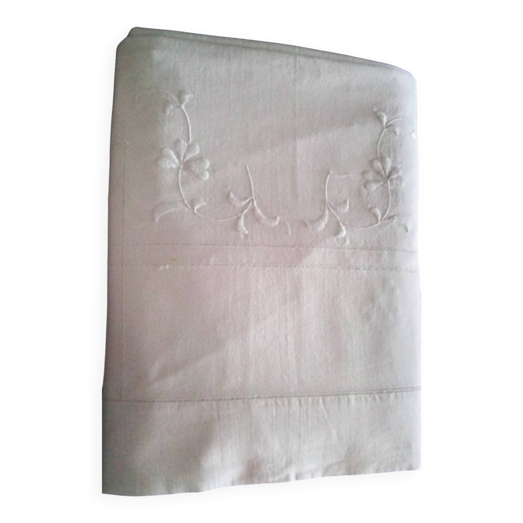 White cotton sheet with embroidery and cutwork 2.25 x 3.05 m