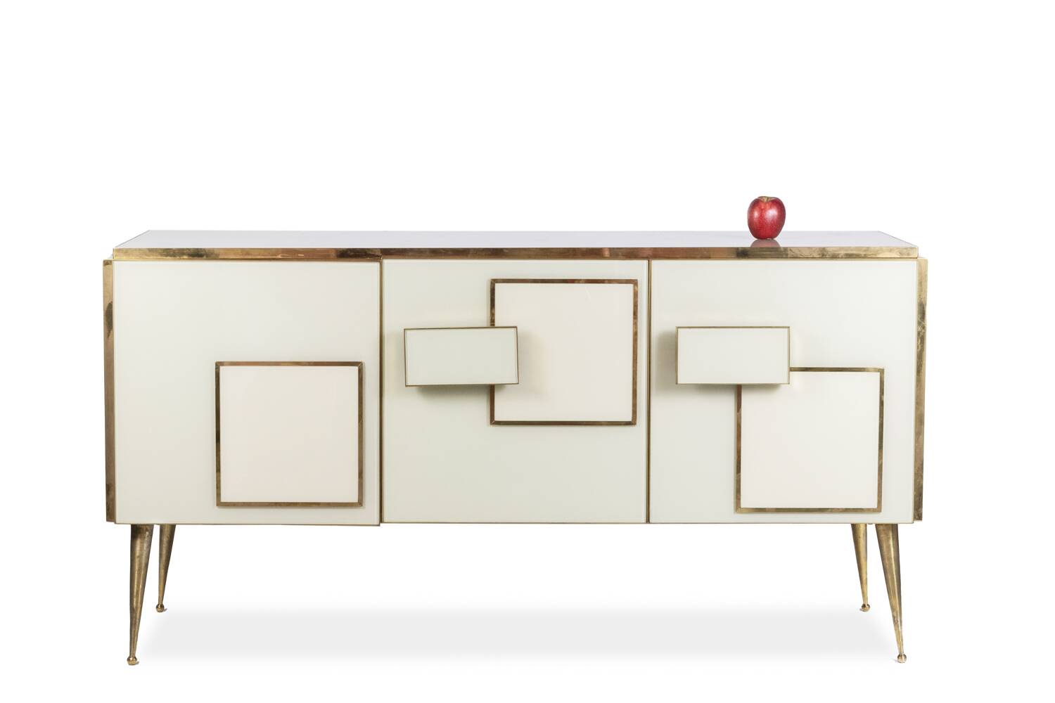 Geometric sideboard in glass and gilded brass. Contemporary Italian work.
