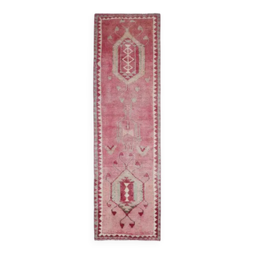 Tapis couloir vintage turc Oushak fait main en laine et coton rose 90x312