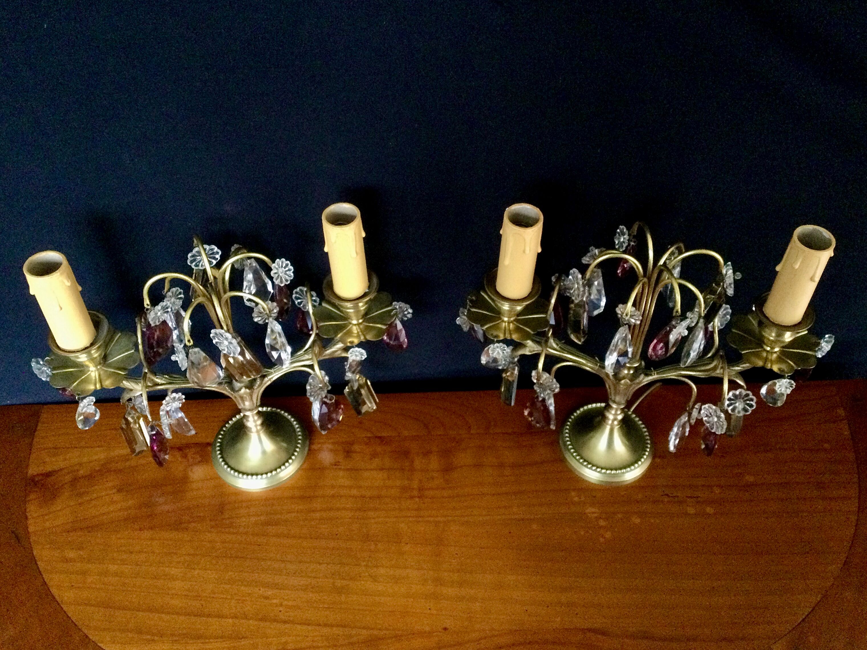 Pair of bronze and crystal girandoles