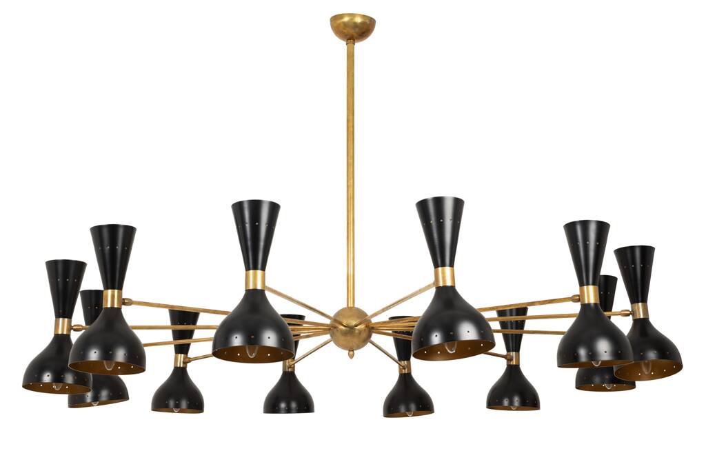 Diabolo chandelier in patinated and black lacquered brass. Contemporary.