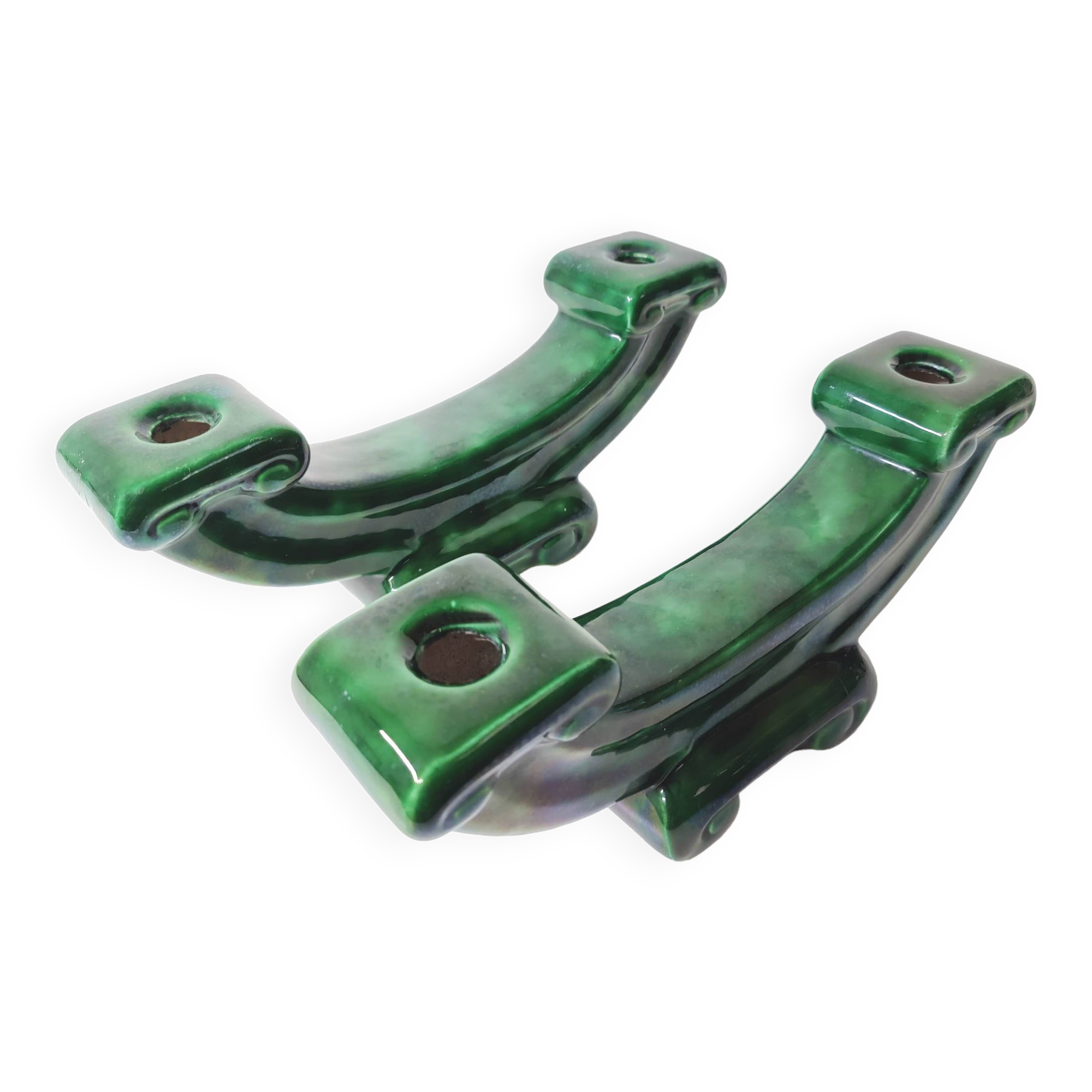 Pair of Art Deco green ceramic candlesticks by Santiago Rodriguez Bonome Paris
