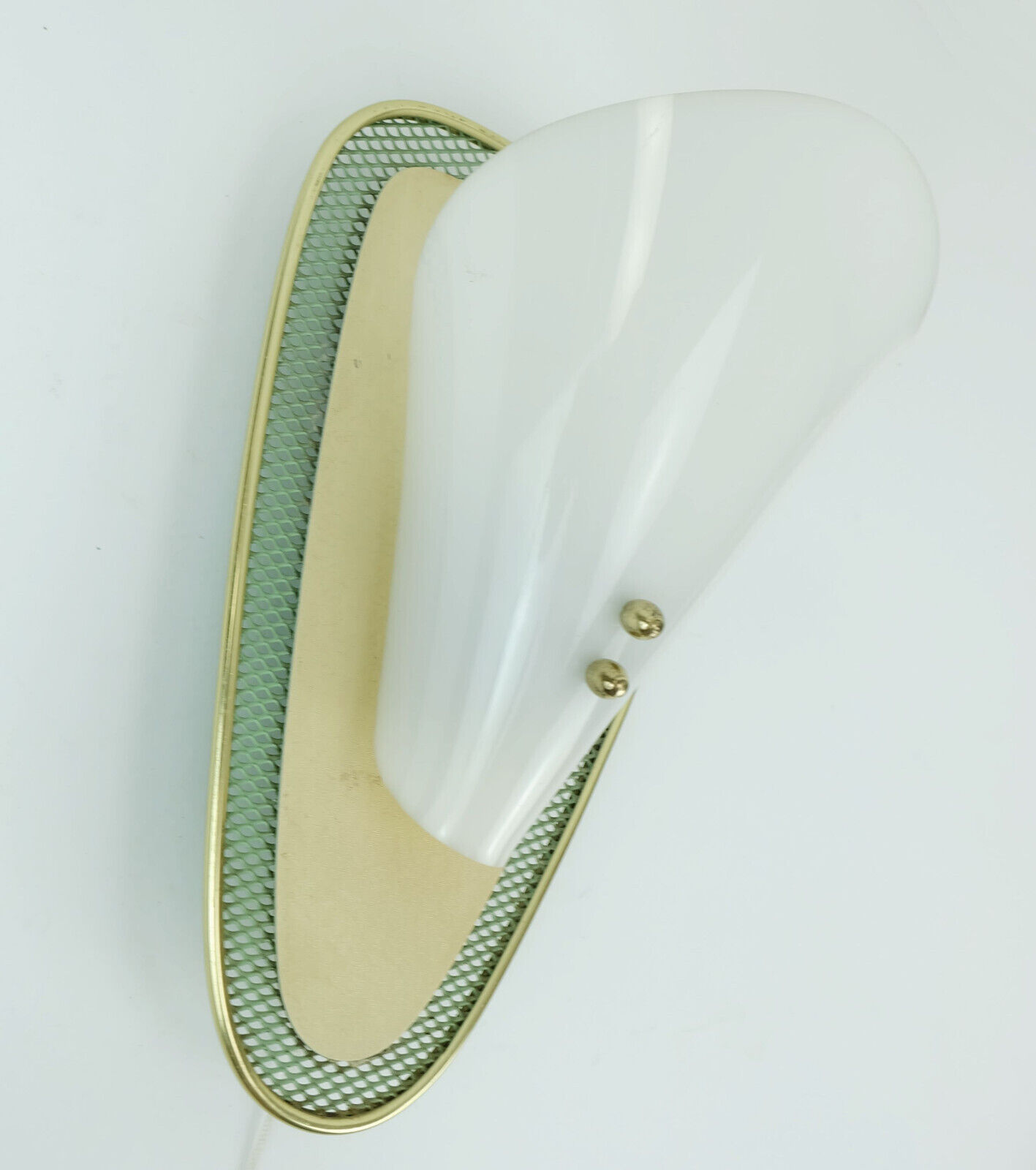 1950s sconce green metal mesh and brass with white acrylic shade