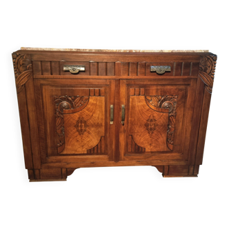 French Art Deco walnut sideboard with marble top (1930s)