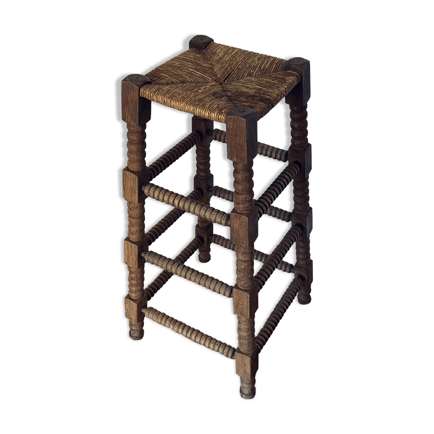 Stool high straw wood turned