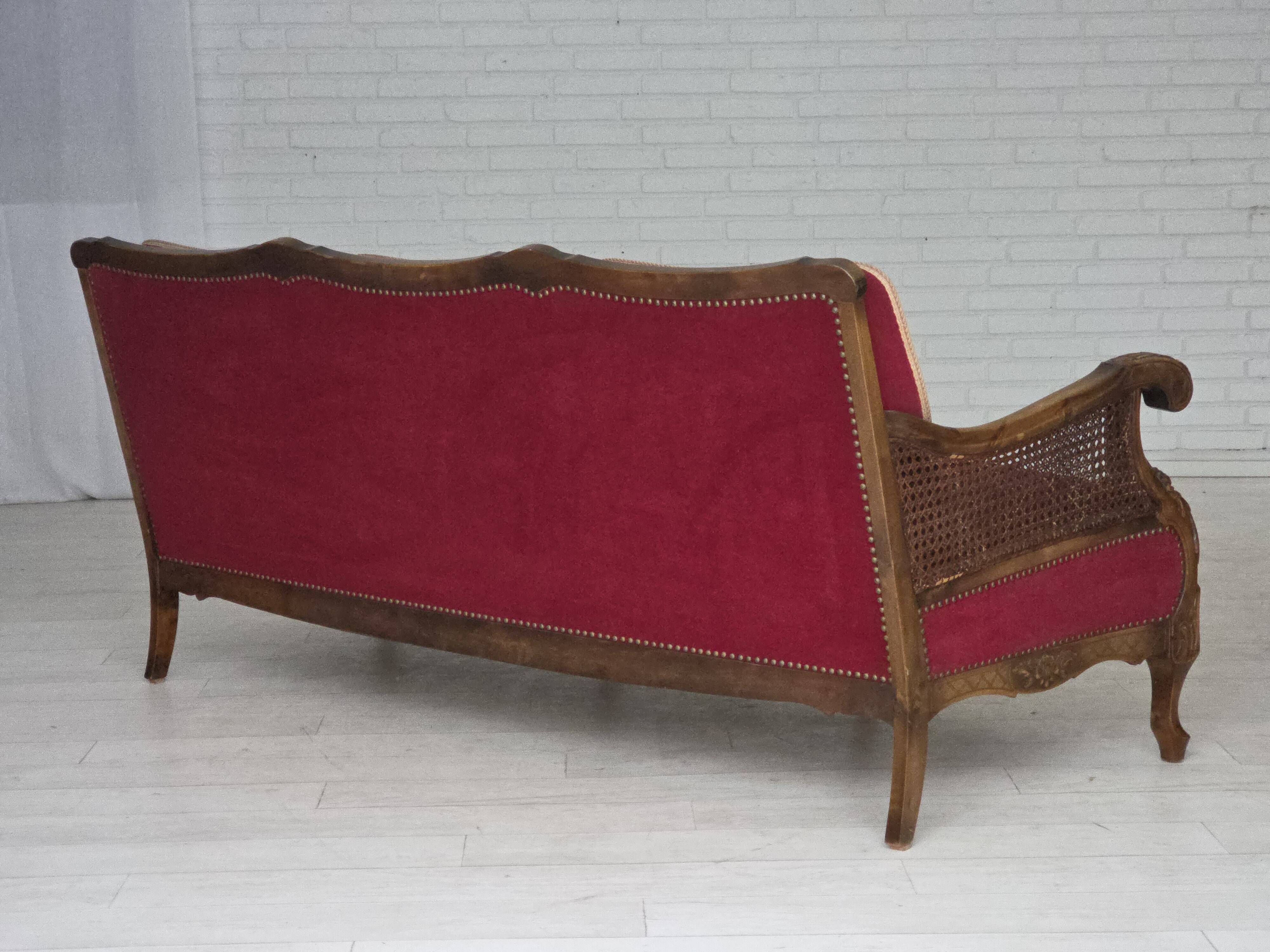 1930s, Danish 3-seater sofa, red furniture velour, furniture mesh.