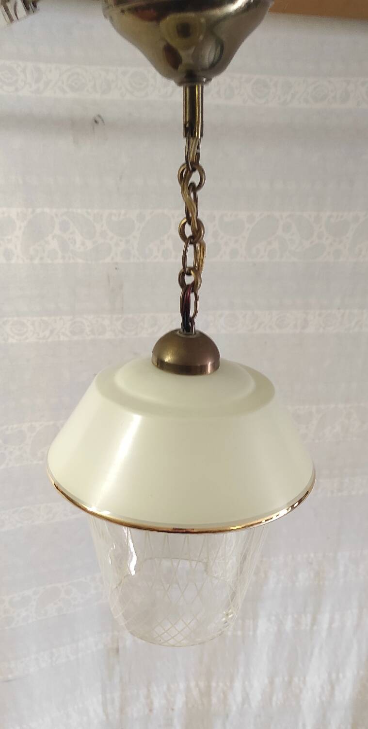 Vintage pendant light in glass and gold metal - 1960s