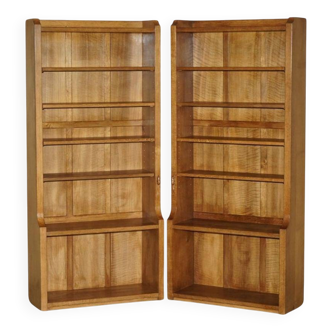 Pair of Robert Mouseman Thompson oak carved bookshelves.