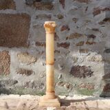 Vintage Neoclassical Alabaster Column and Lamp with Silken Lampeshade-60s