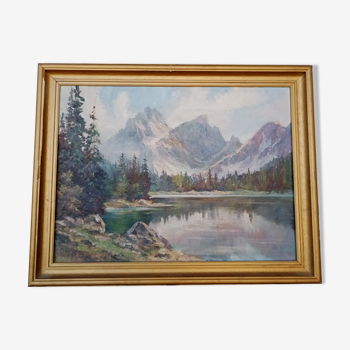 Anton J. Dembenski huile sur panneau Paysage lac de montagne