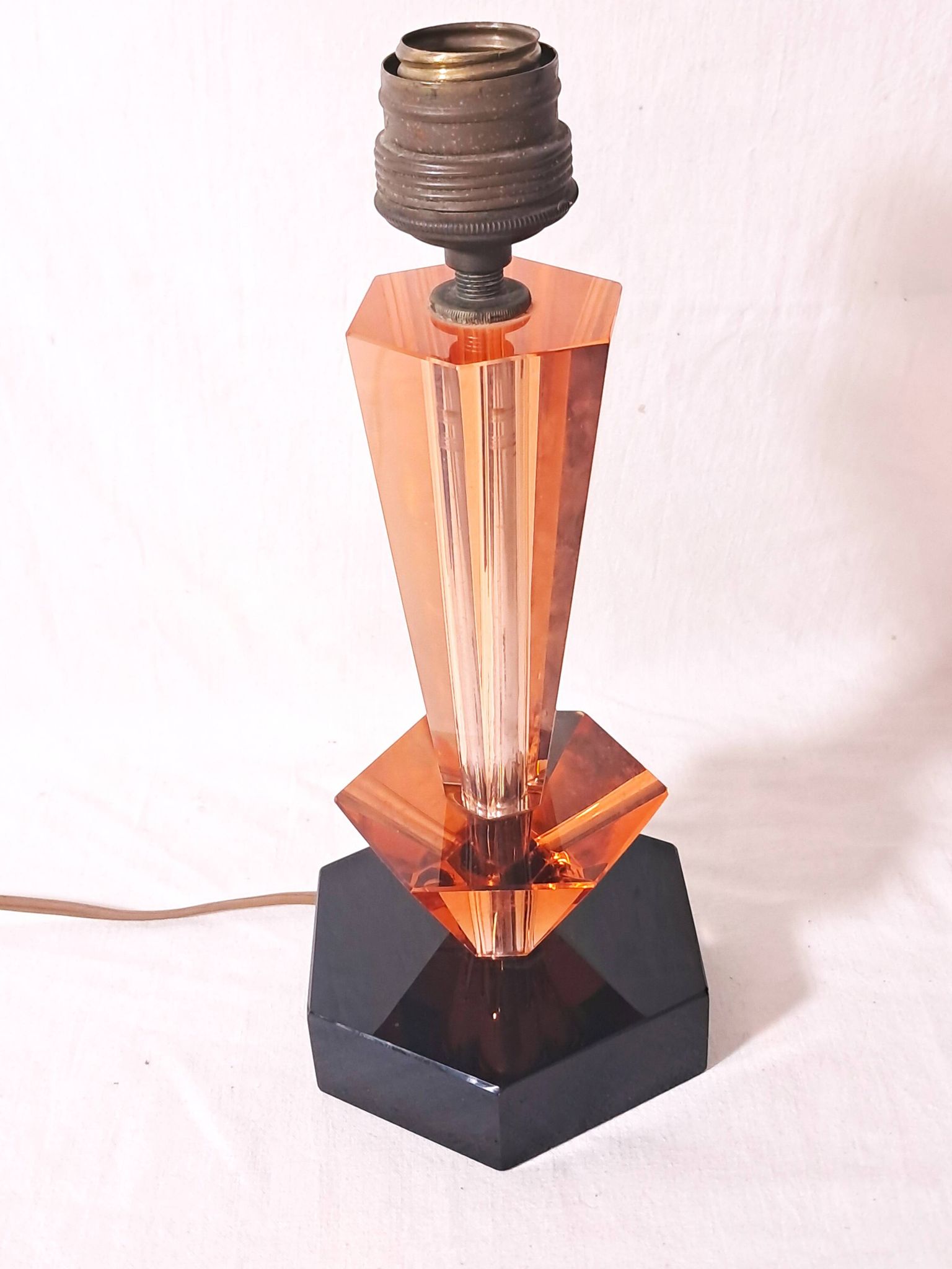 Art Deco style table lamp base in black and pink Bohemian crystal.
