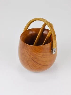 Carl Aubock sugar bowl & tongs, walnut, nickel, cane, no. 3536, 1940s
