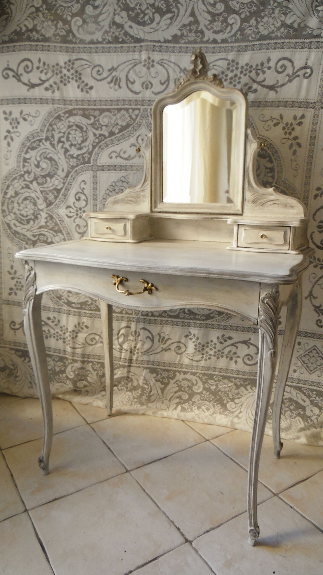 Former white grey patina hairdresser mirror table 2 Shabby chic drawer