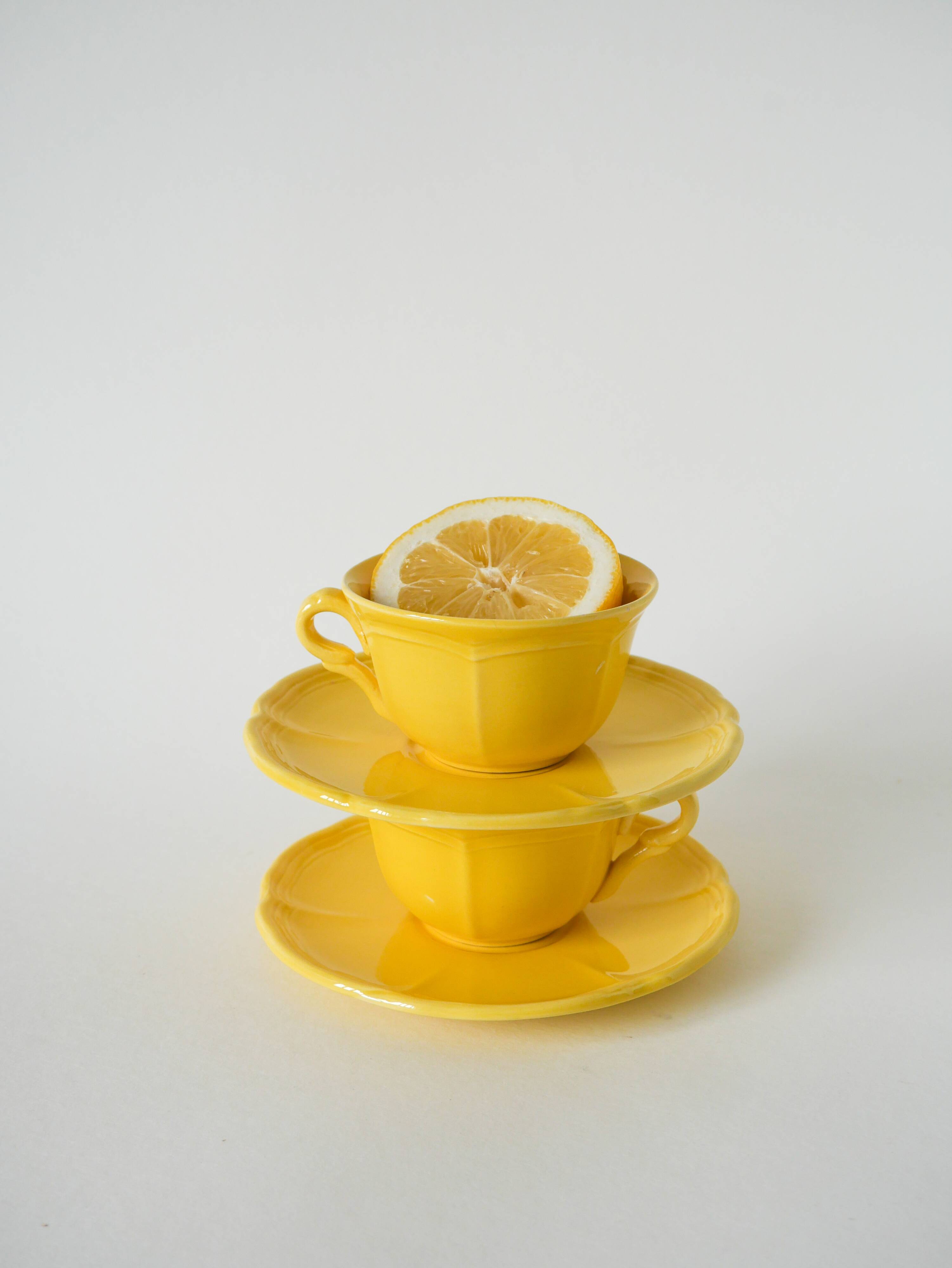Set of 5 Badonviller lemon yellow cups and saucers, 1960