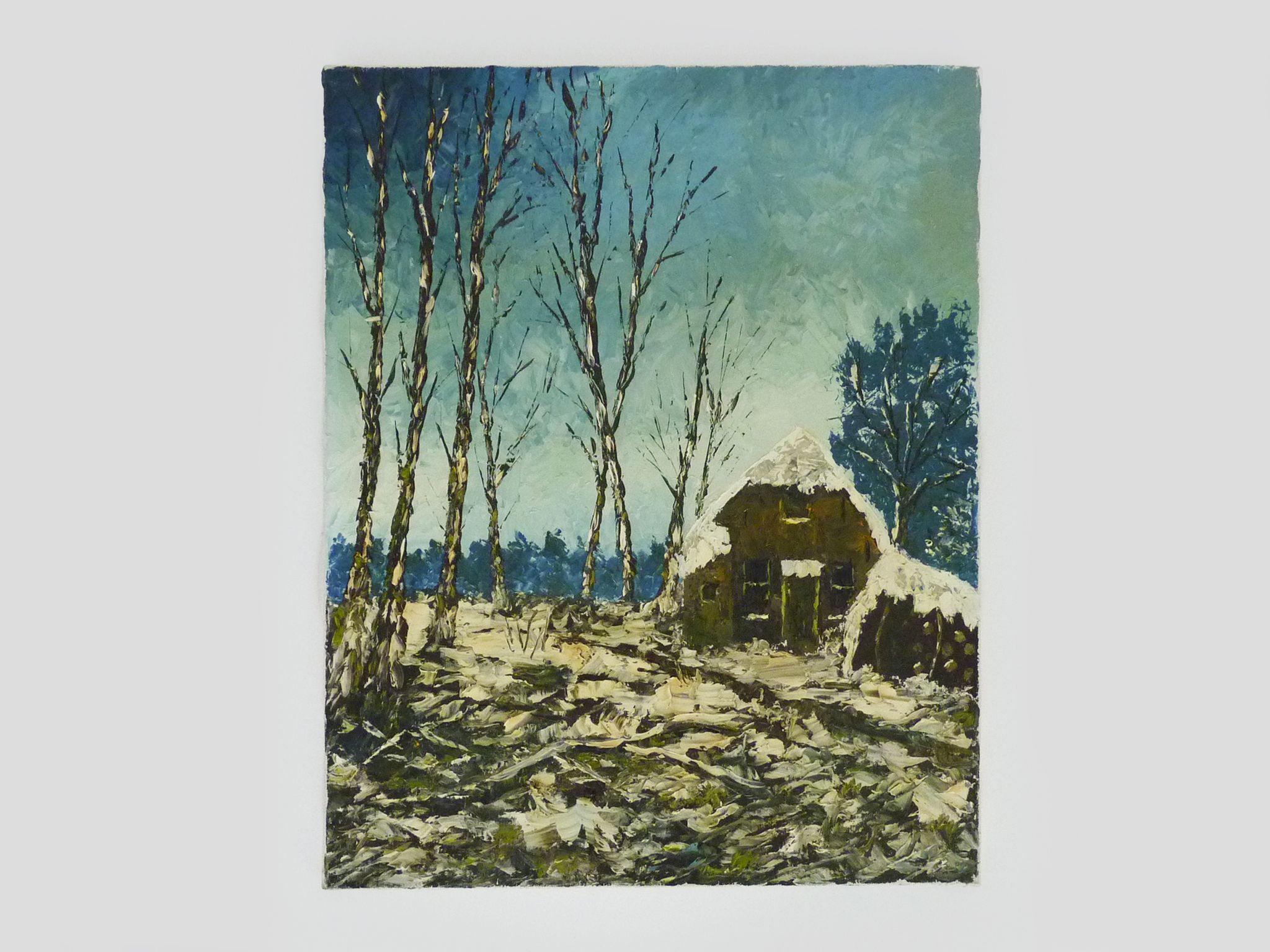 Huile sur toile village de Jan Van Dooren, paysage d'hiver. Signée. Années 70
