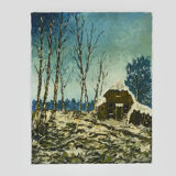 Oil on canvas village by Jan Van Dooren, winter landscape. Signed. 70s