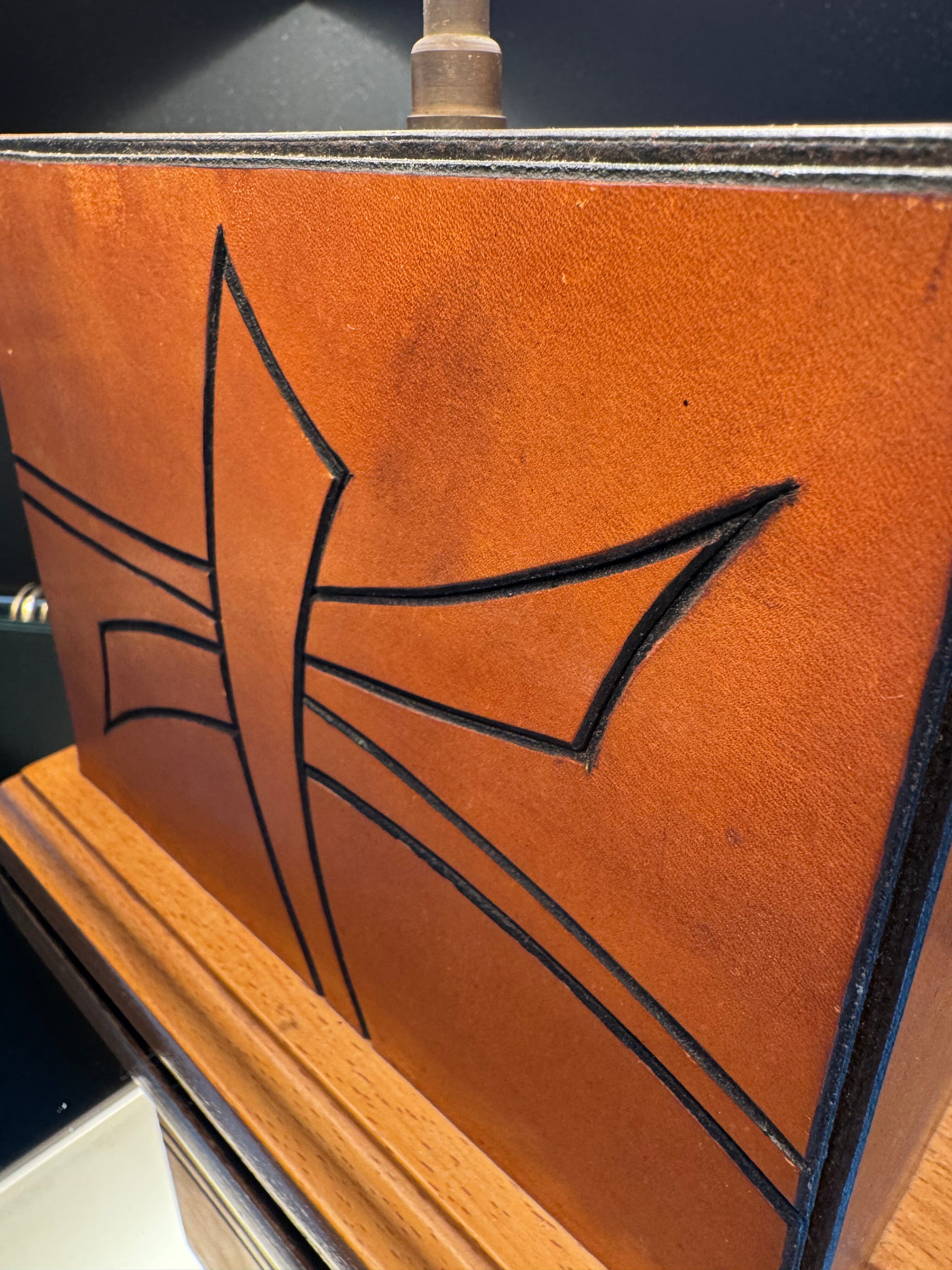 70s leather and wood pagoda lamps