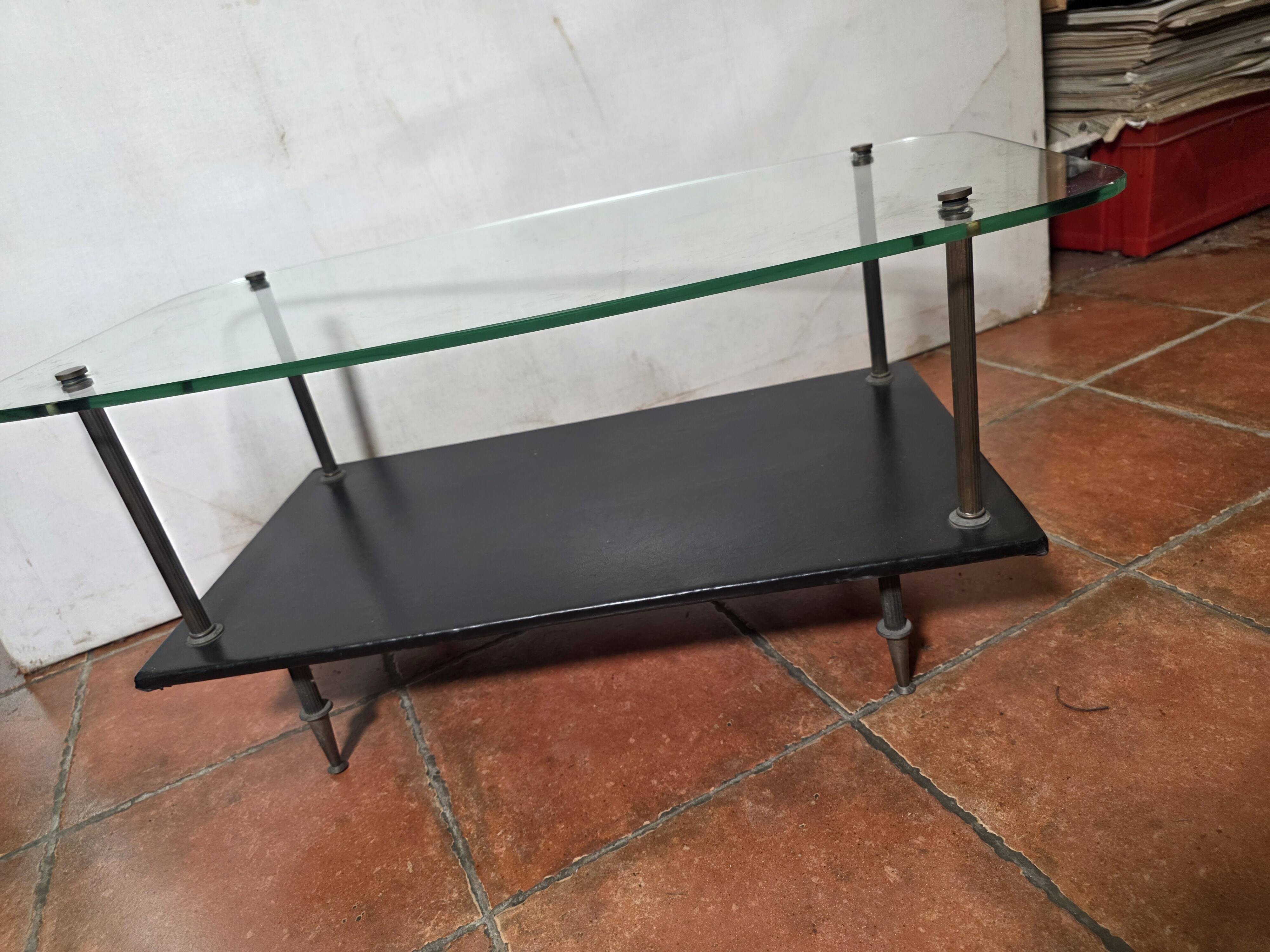 Vintage coffee table from the 1960s, glass, faux leather, brass.