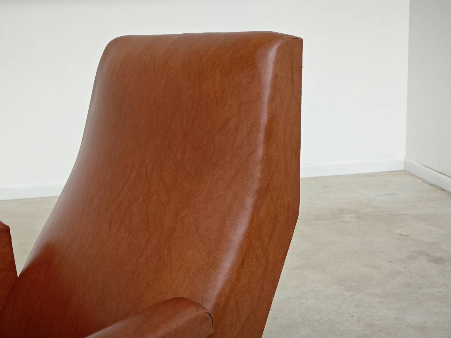Camel brown imitation leather armchair, France 1960