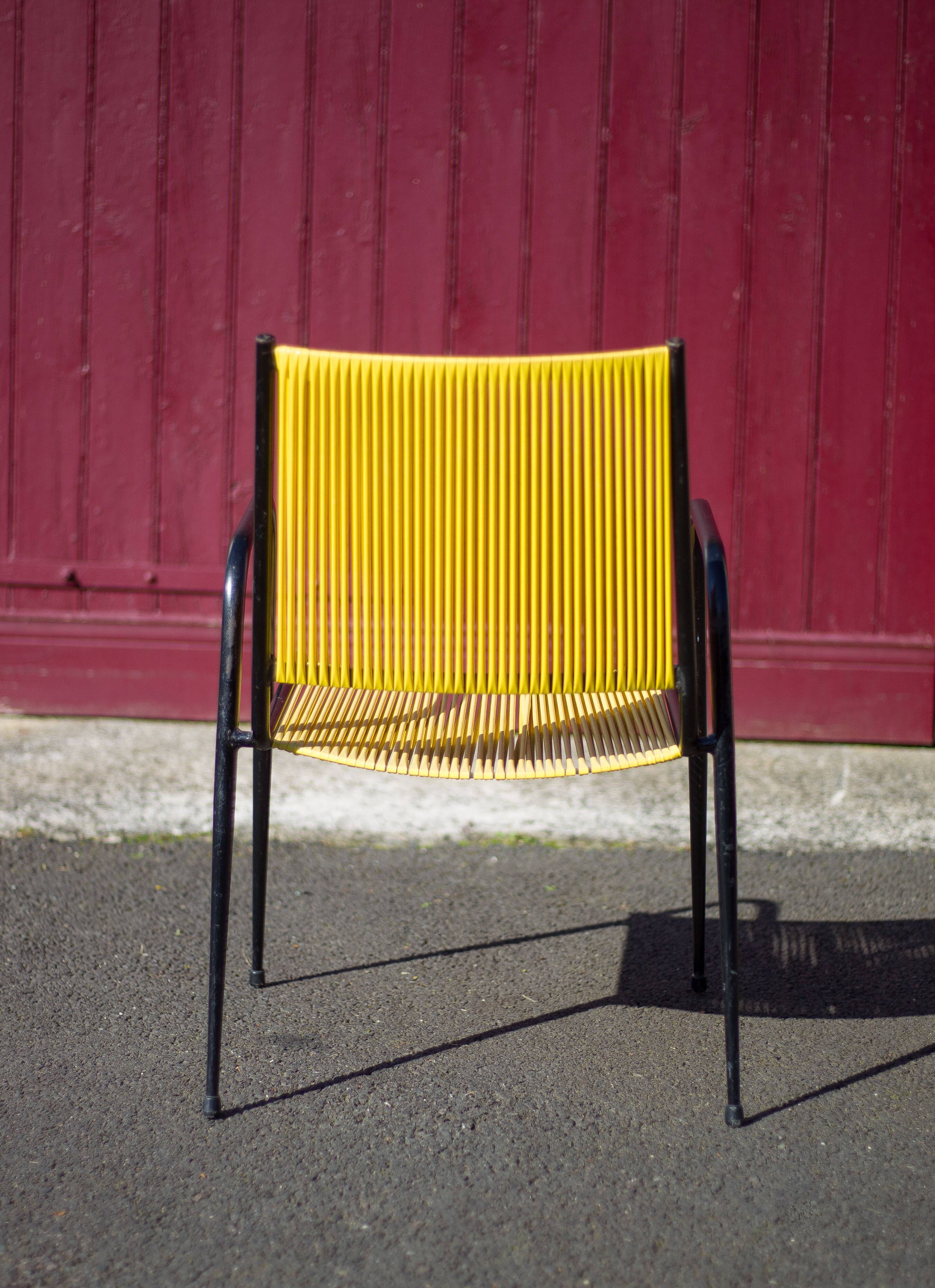 Scoubidou armchair, black metal armchair and yellow plastic wires, vintage chair