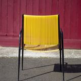Scoubidou armchair, black metal armchair and yellow plastic wires, vintage chair