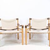 Set Of Two Safari Chairs Model Sirocco Made In Oak & Canvas By Arne Norell