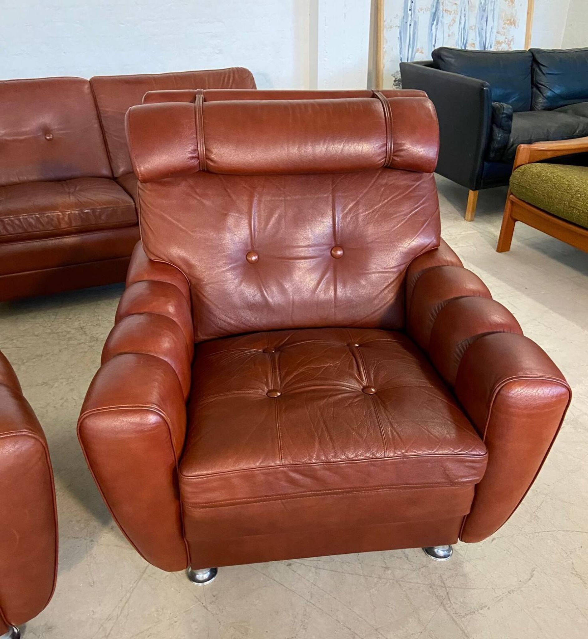 Vintage Danish mid-century Svend Skipper leather club chairs 1970s