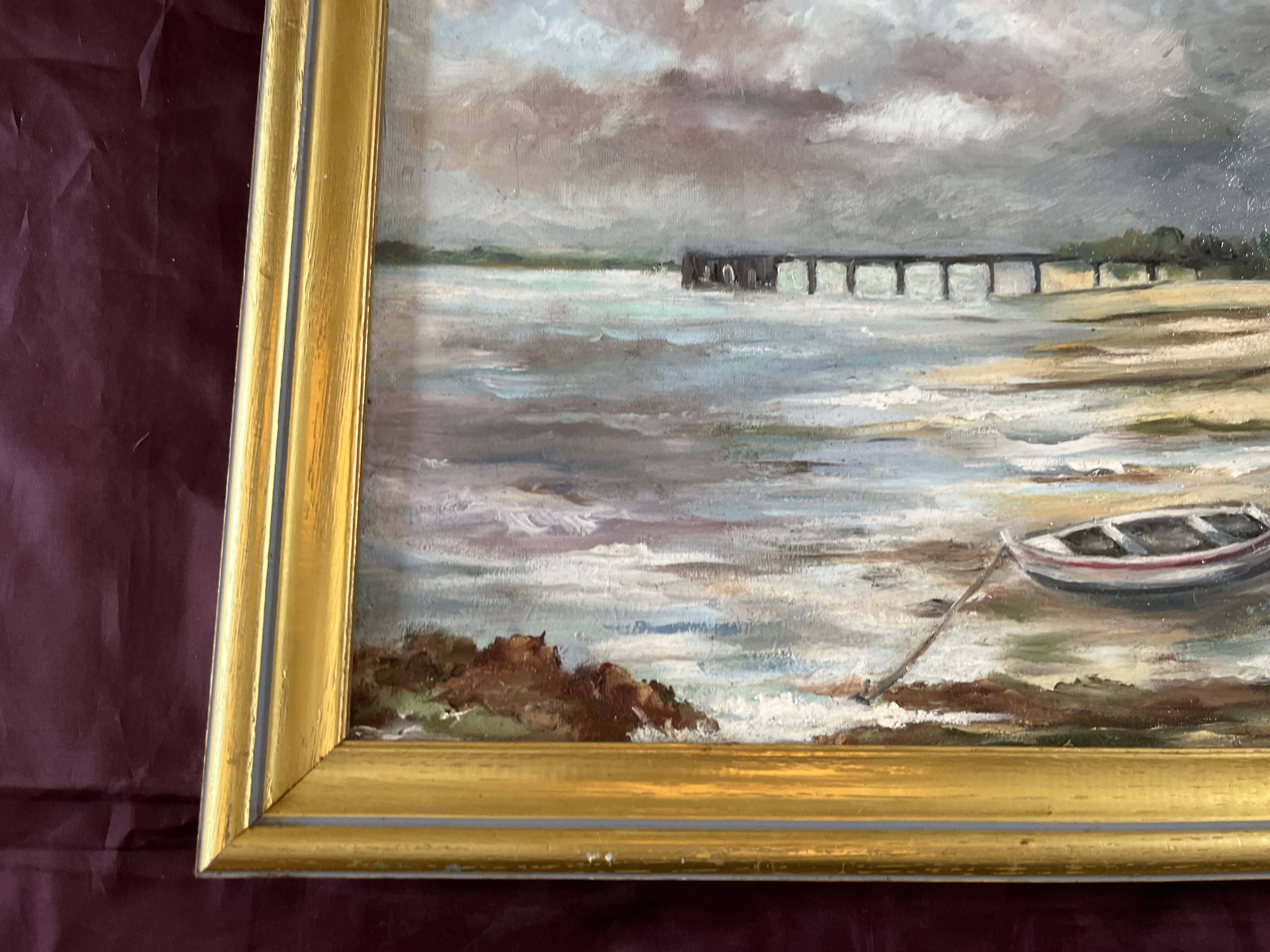 Maritime landscape painting with boat, signed Stauzin