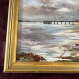 Maritime landscape painting with boat, signed Stauzin