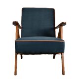 Chaise compas restaurée, tissu jaune canari, fil orange, teck, 1960