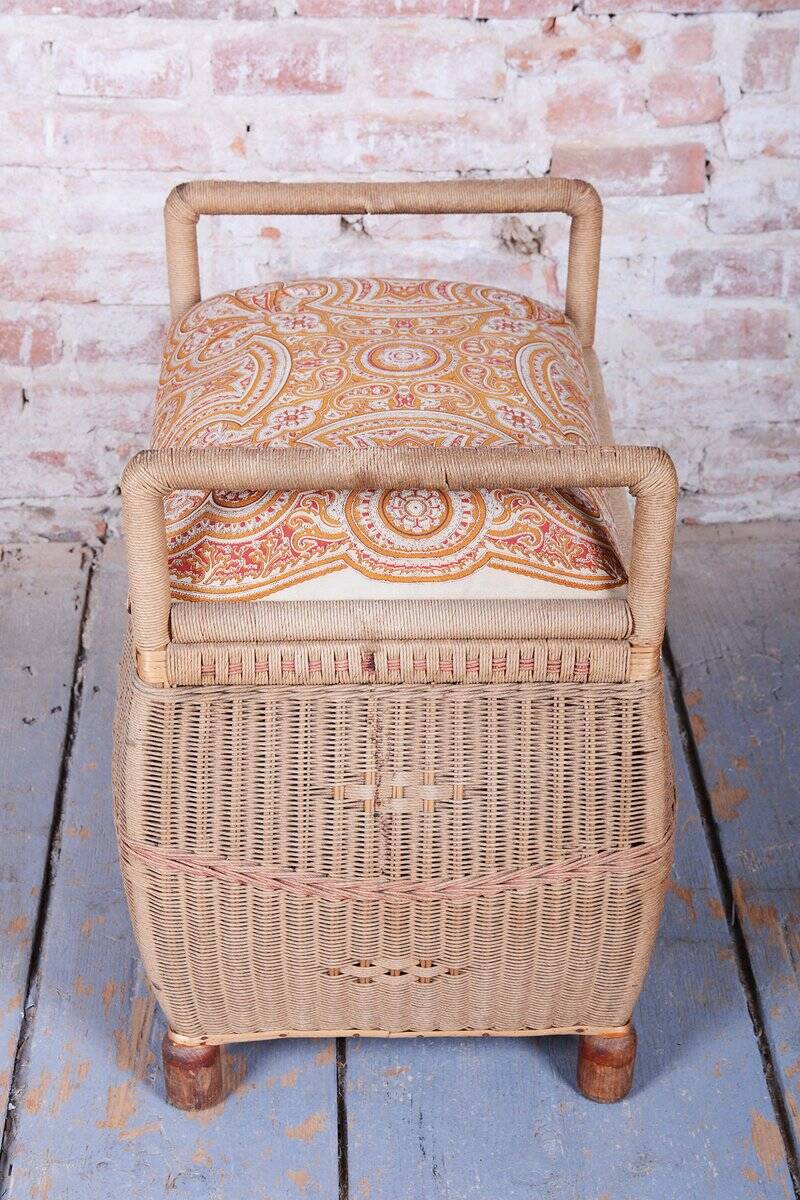 Czech Art Deco Stool in Wood and Hemp, 1940s