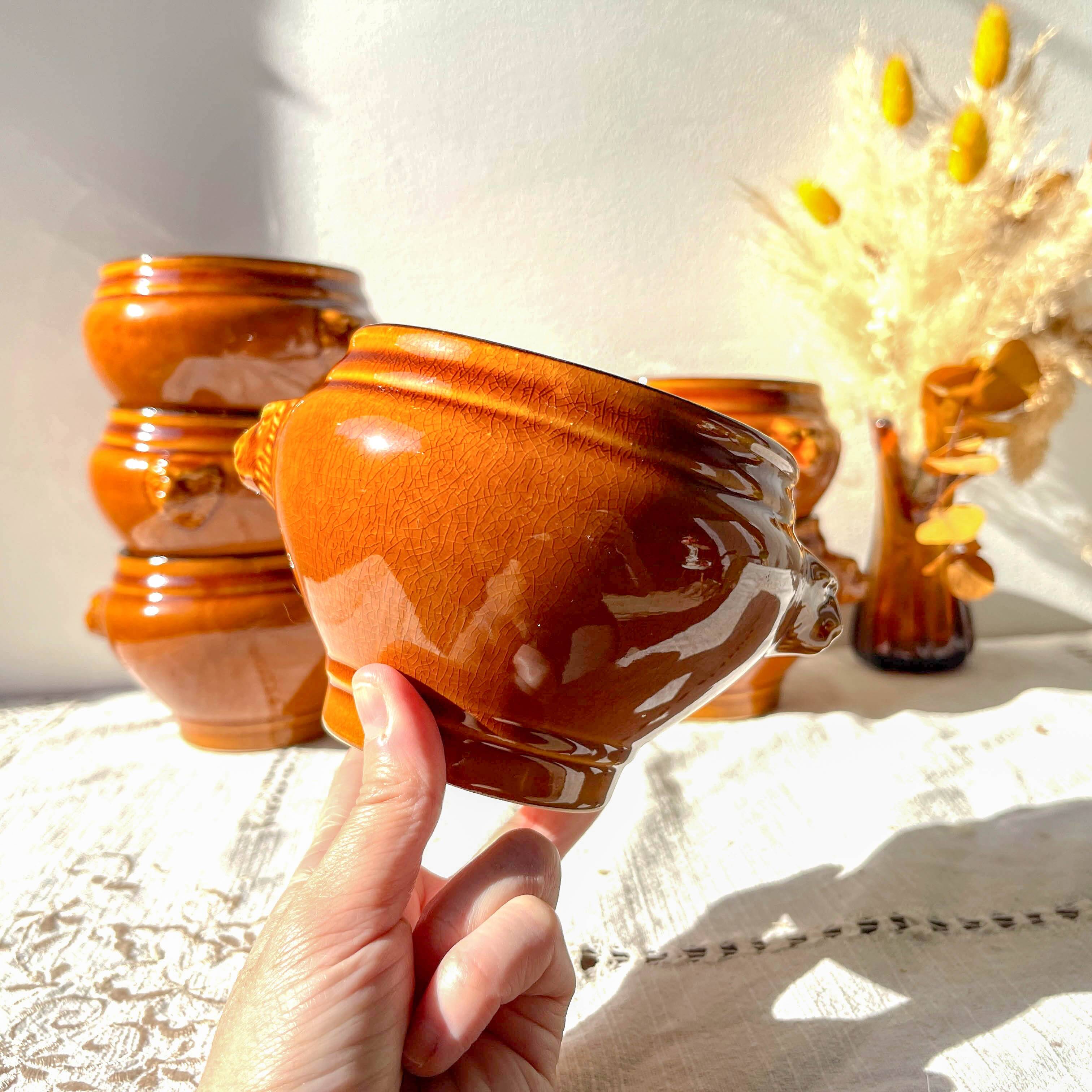 6 vintage ceramic lion head onion soup bowls in the Emile Henry style - honey and black, made in France - traditional elegance