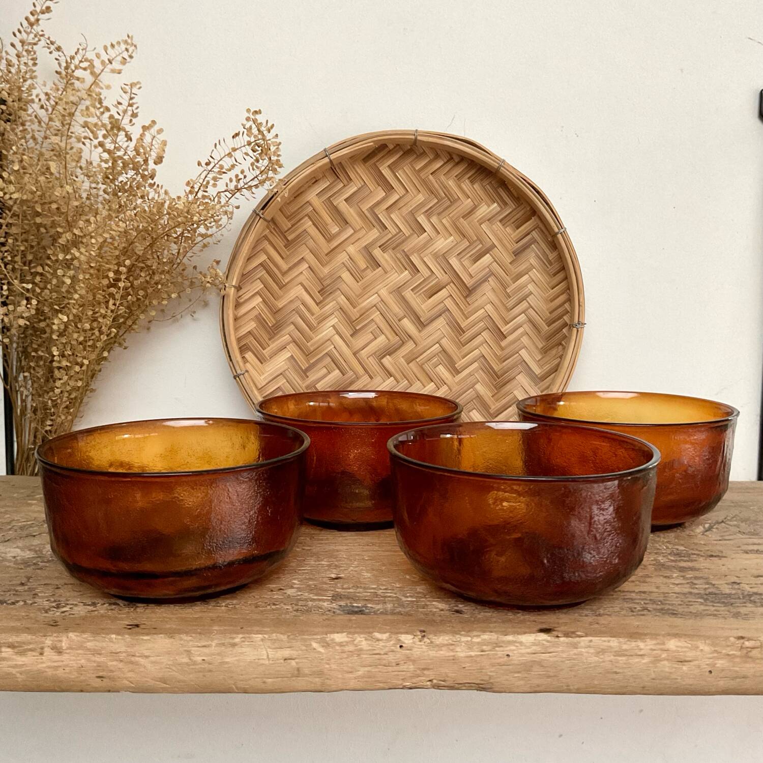 4 amber textured glass bowls