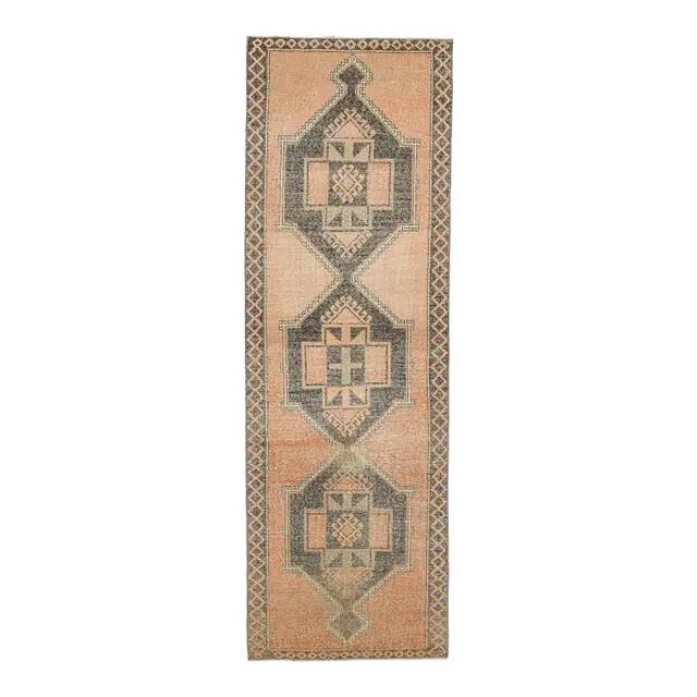 1970s Vintage Turkish Oushak Handmade Wool Cotton Orange Runner Rug 122x384