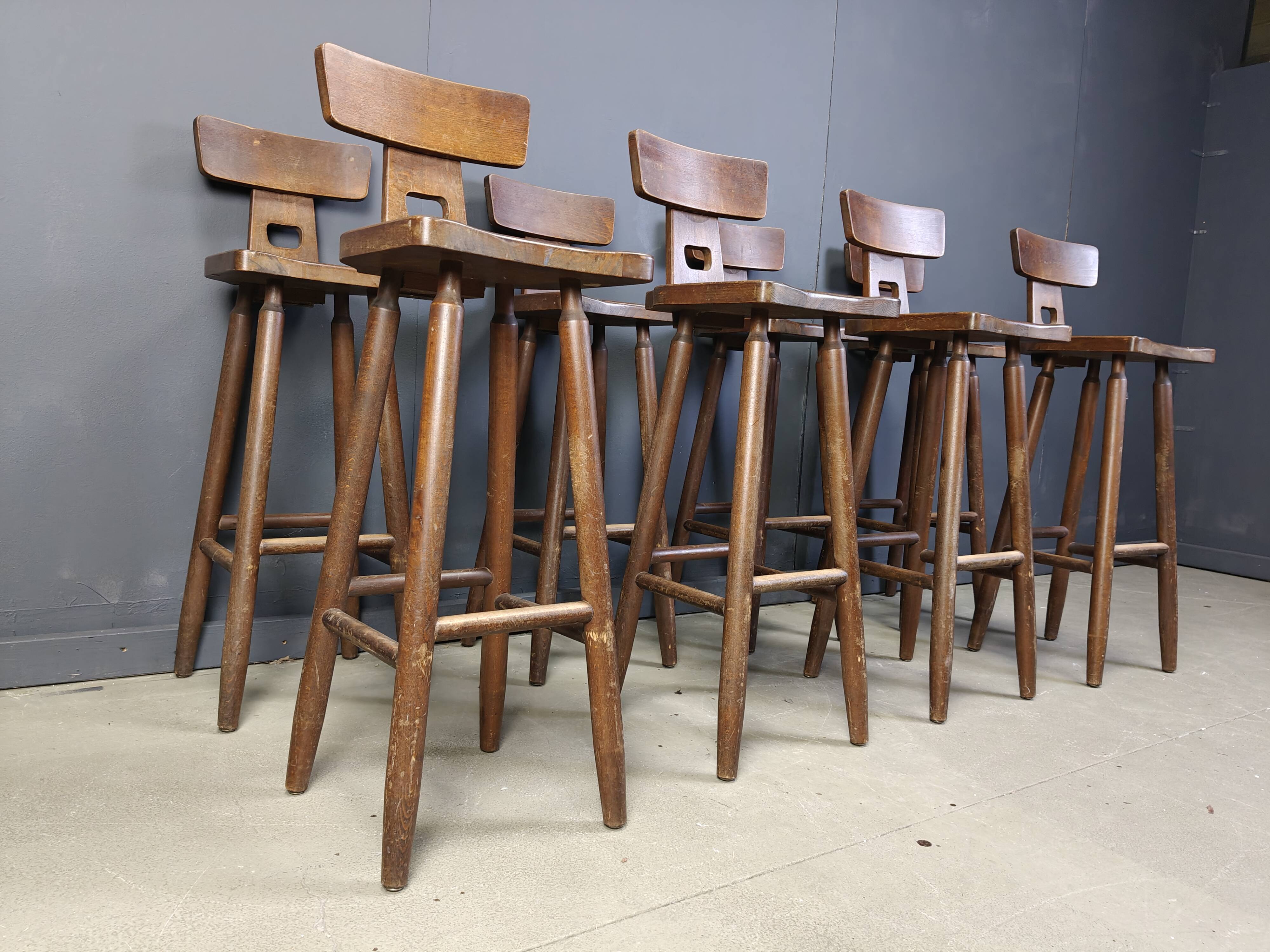 Set of 8 vintage brutalist bar stools, 1960s