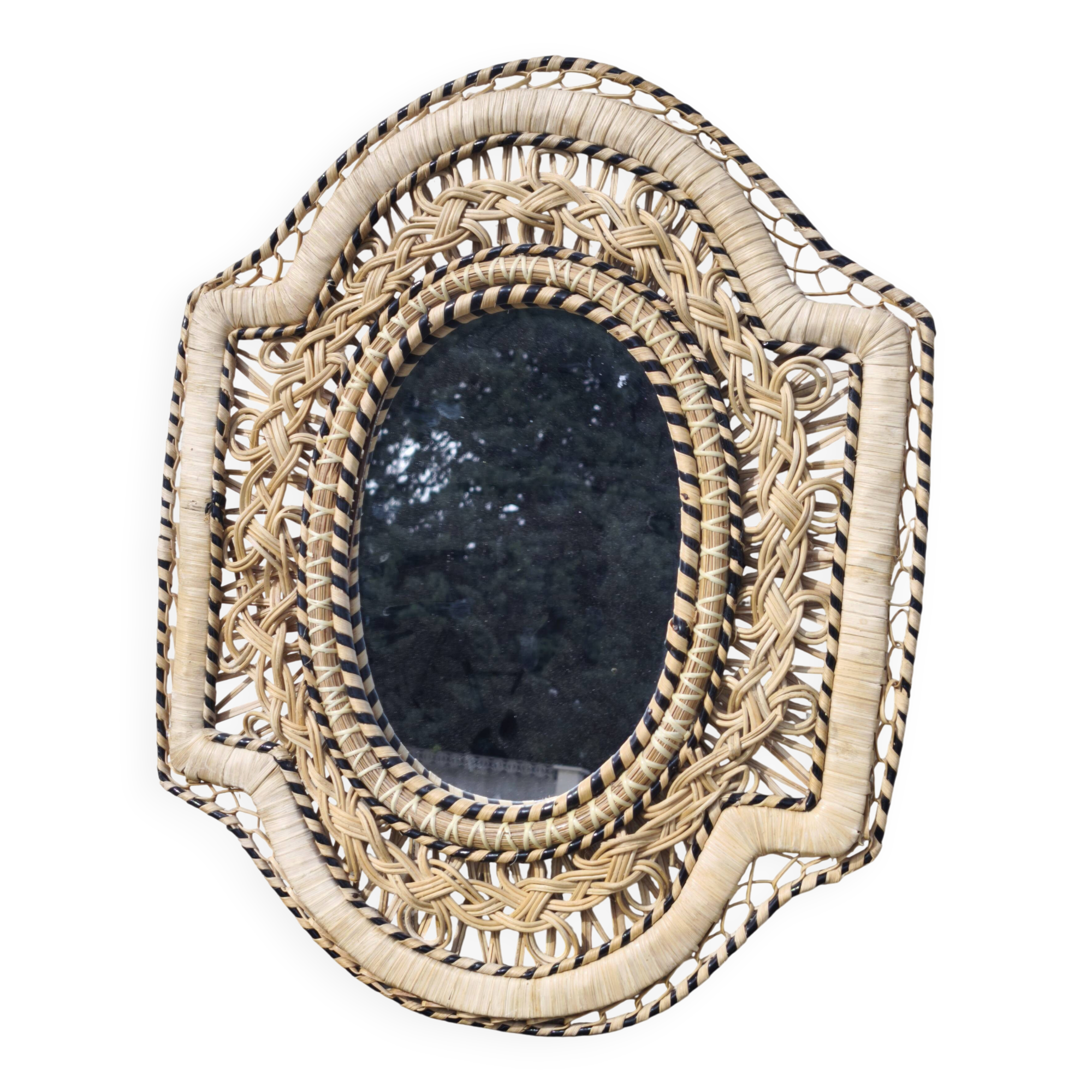 Wall mirror peacock filigree in rattan and wicker