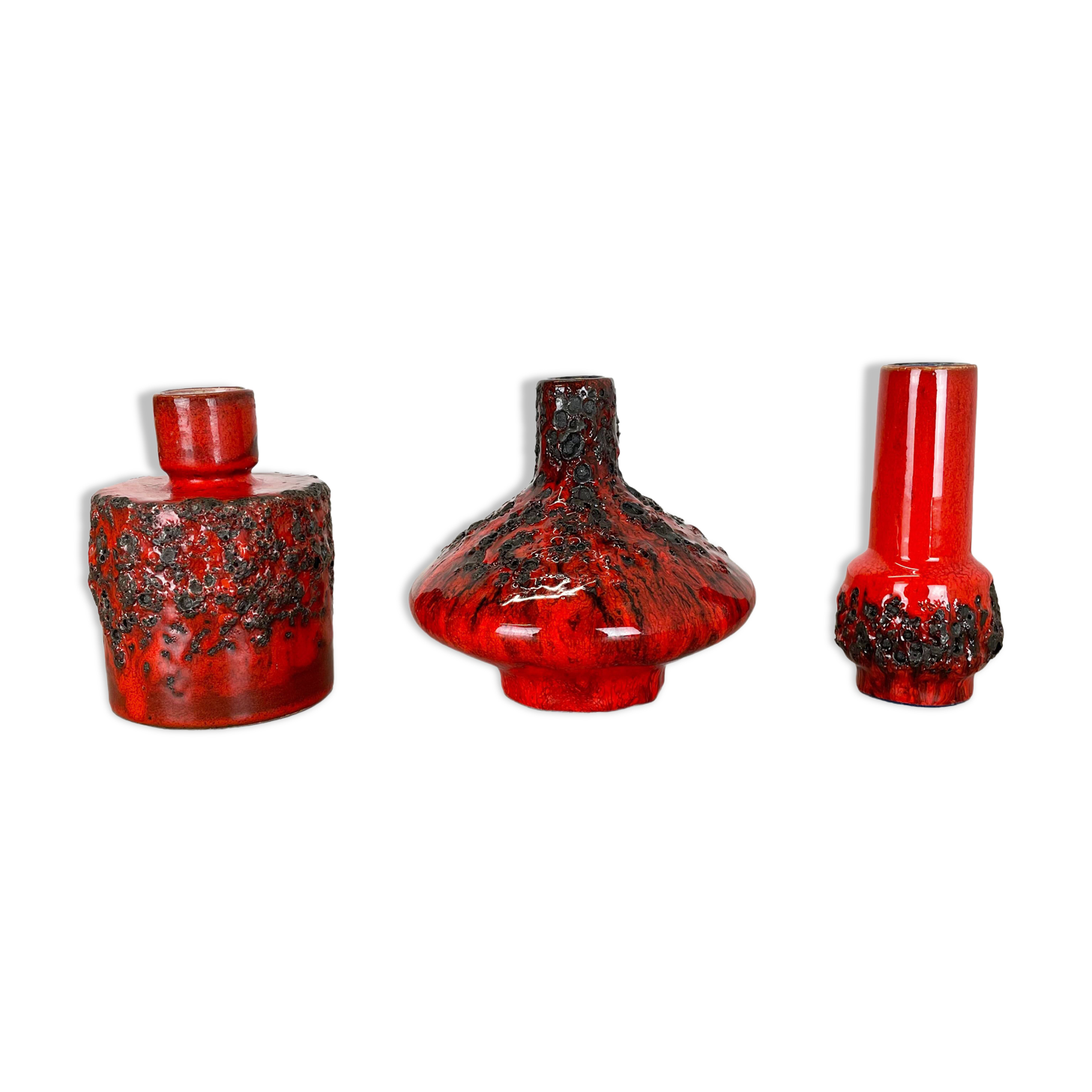 Ensemble de 3 vases en poterie céramique rouge noir Otto Keramik Allemagne 1970