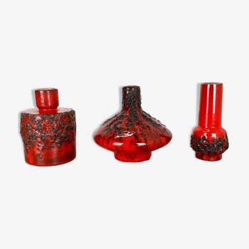 Ensemble de 3 vases en poterie céramique rouge noir Otto Keramik Allemagne 1970