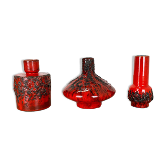 Set of 3 Red Black Ceramic Studio Pottery Vase Objects Otto Keramik Germany 1970