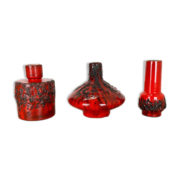 Set of 3 Red Black Ceramic Studio Pottery Vase Objects Otto Keramik Germany 1970