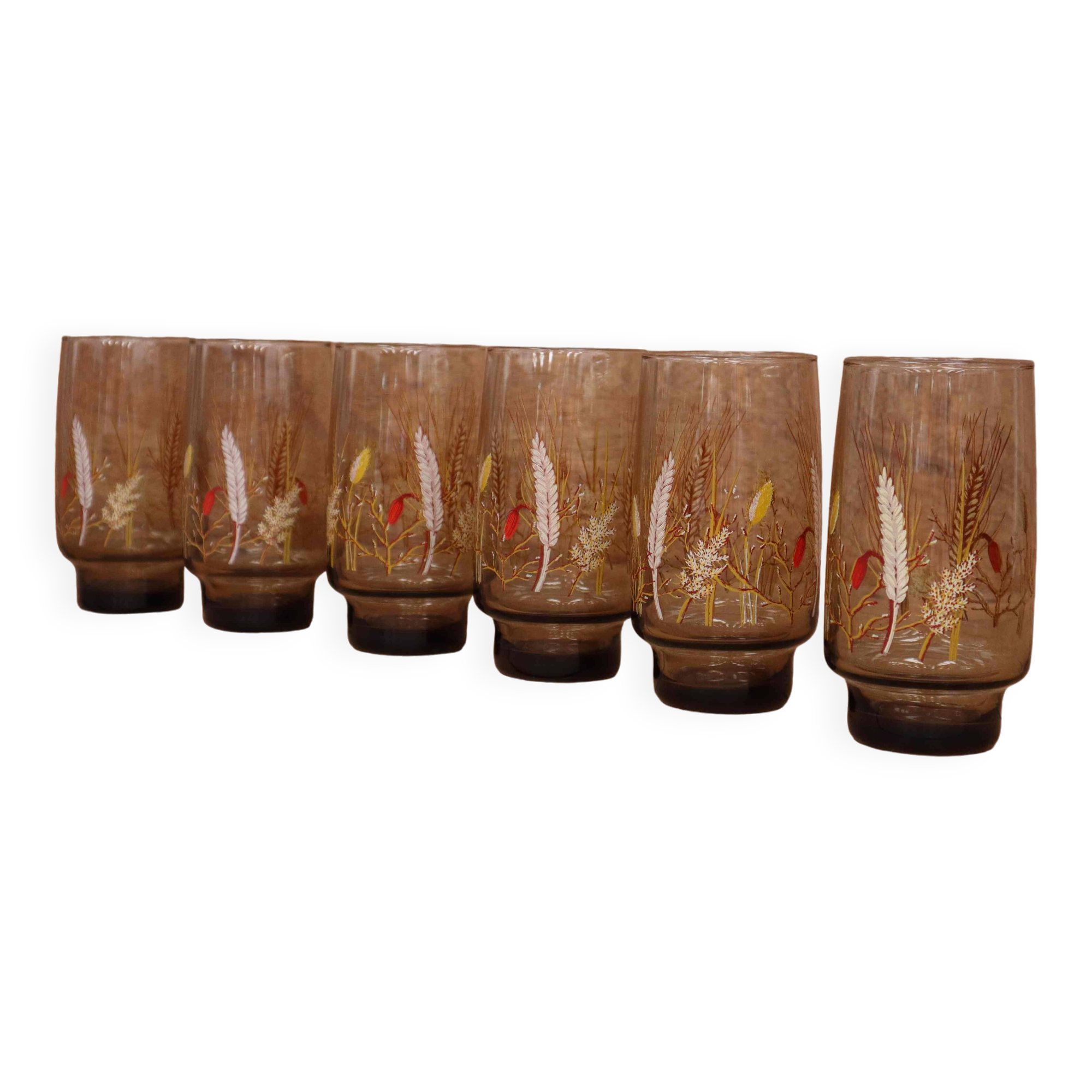 Set of 6 smoked orangeade glasses with wheat ear decoration Arcoroc