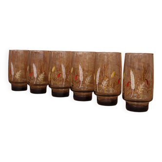 Set of 6 smoked orangeade glasses with wheat ear decoration Arcoroc