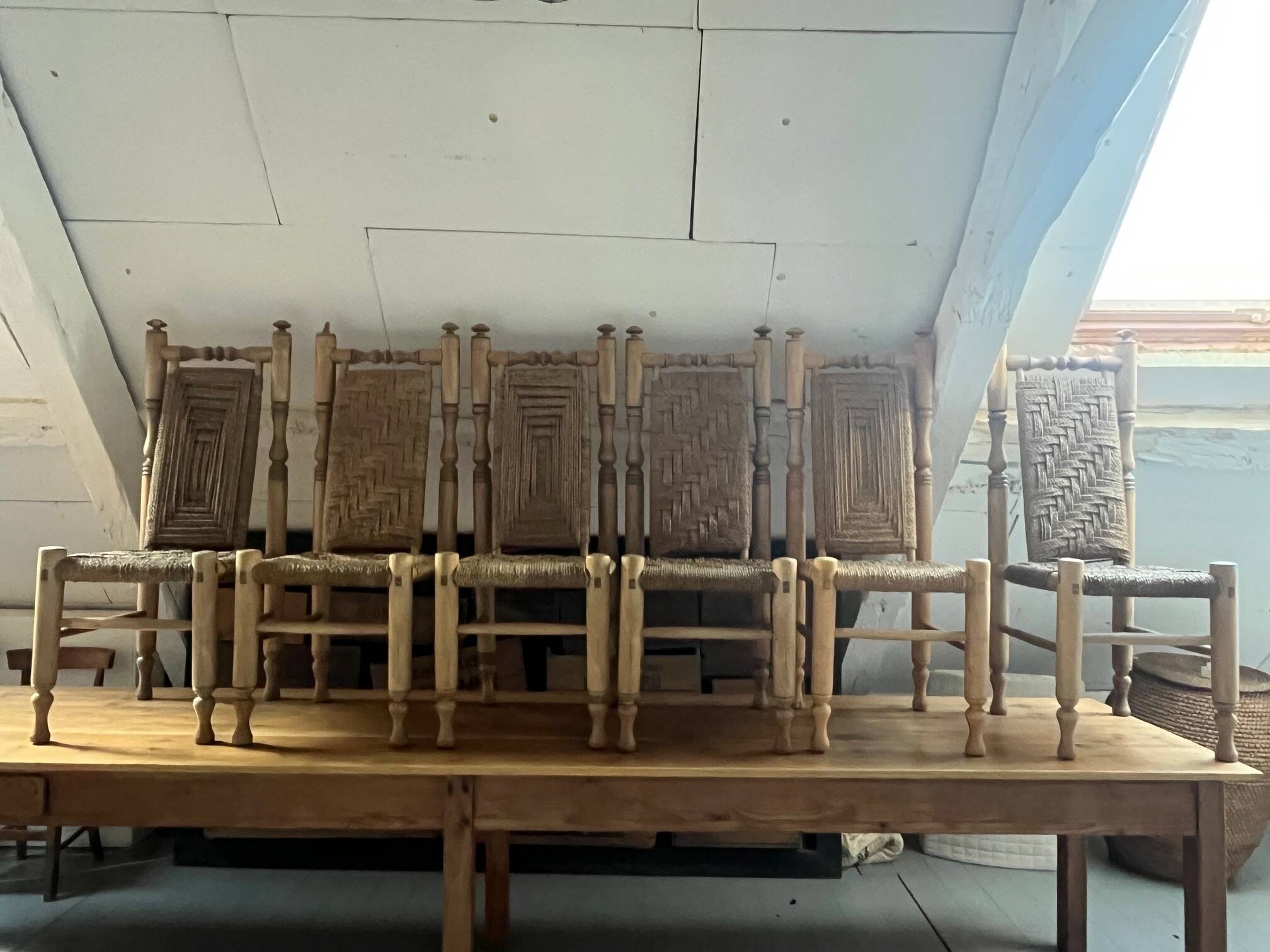 6 wooden and rope chairs attributed to Adrien Audoux & Frida Minet