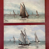 A pair of old paintings on wood.